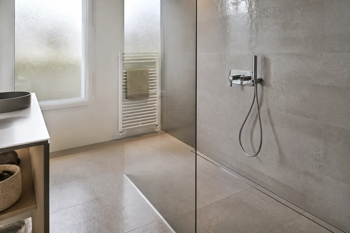 Douche à l’italienne carrelée avec caniveau d’évacuation linéaire et paroi vitrée