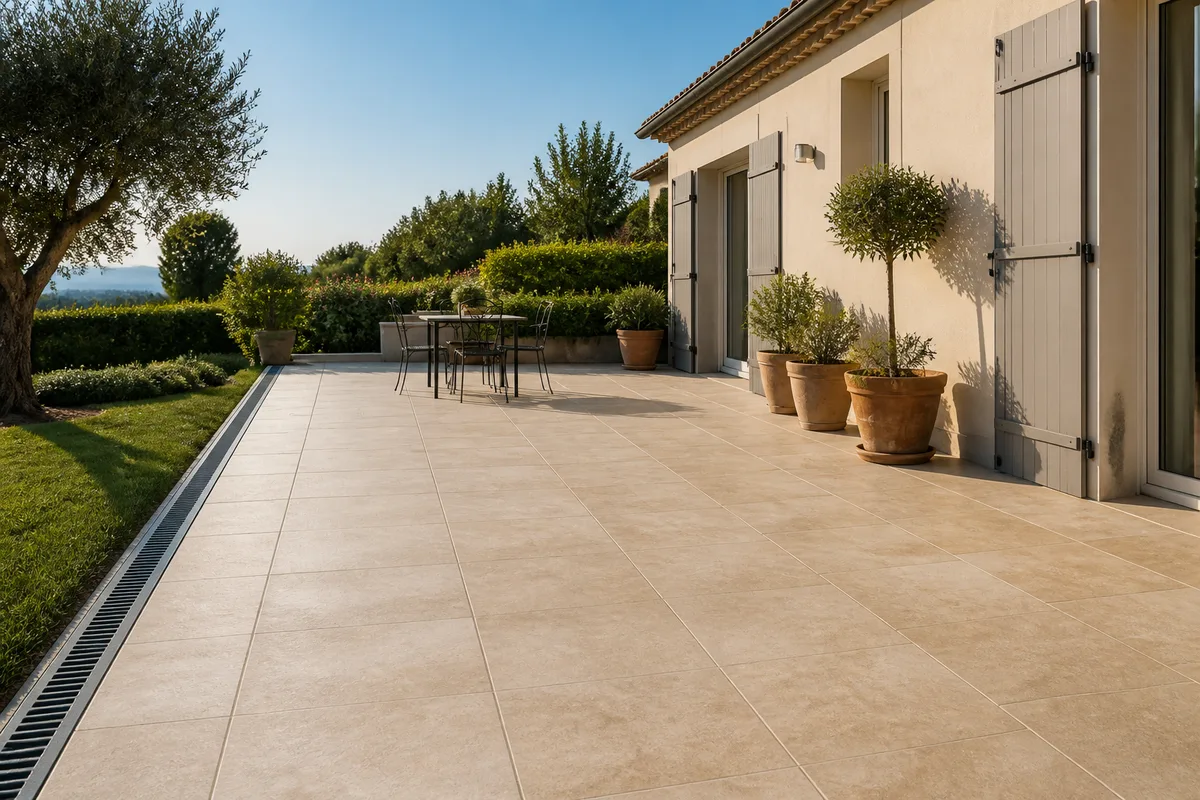 Terrasse carrelée en grands carreaux effet pierre devant une maison française