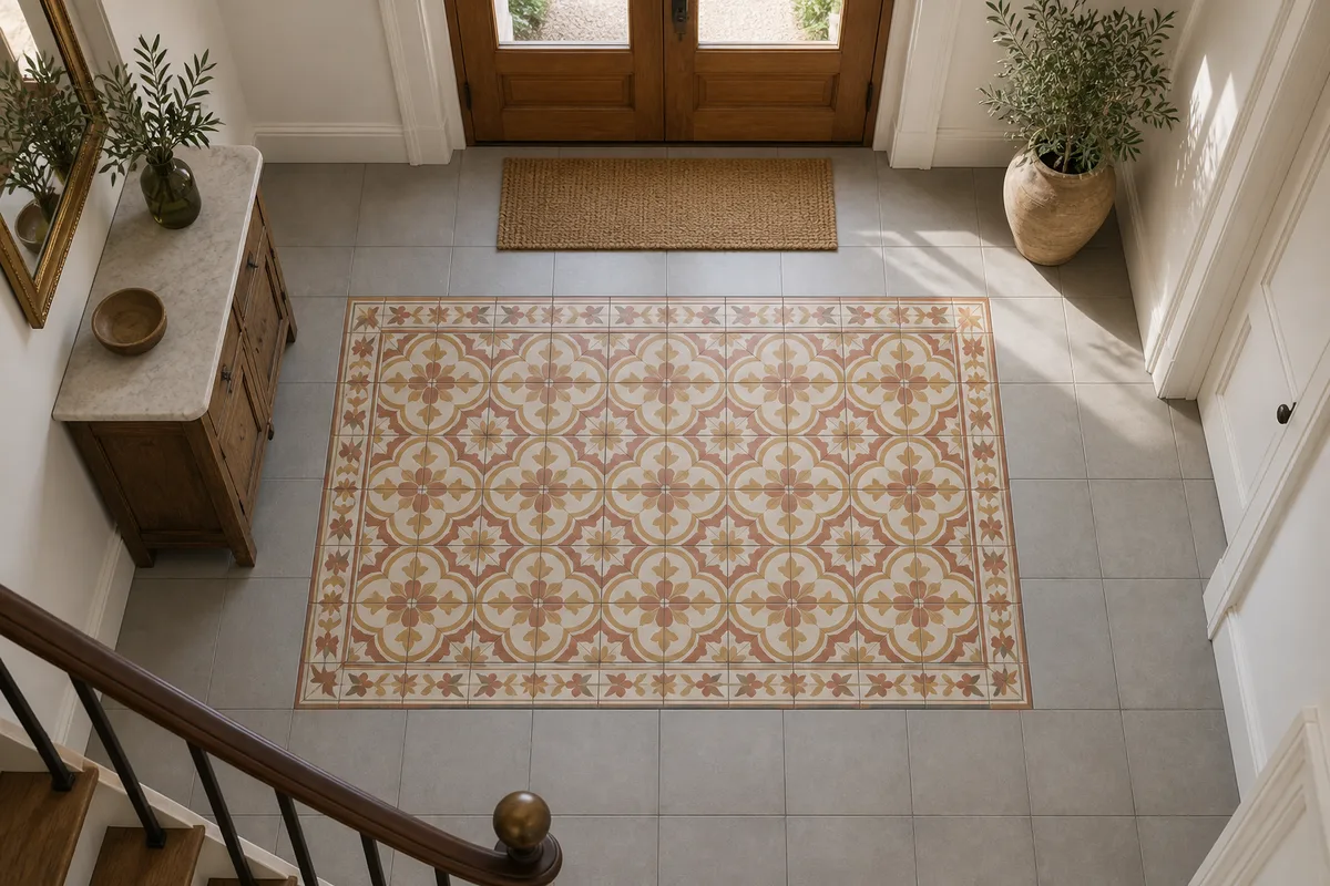 Sol d&rsquo;entrée en carreaux de ciment posés en tapis encadré d&rsquo;une bordure
