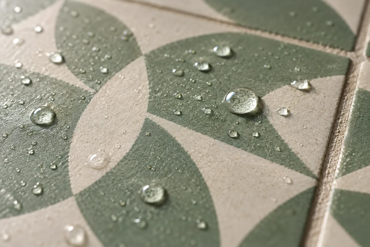 Gouttes d&rsquo;eau perlant sur un carreau de ciment à motifs imprégné