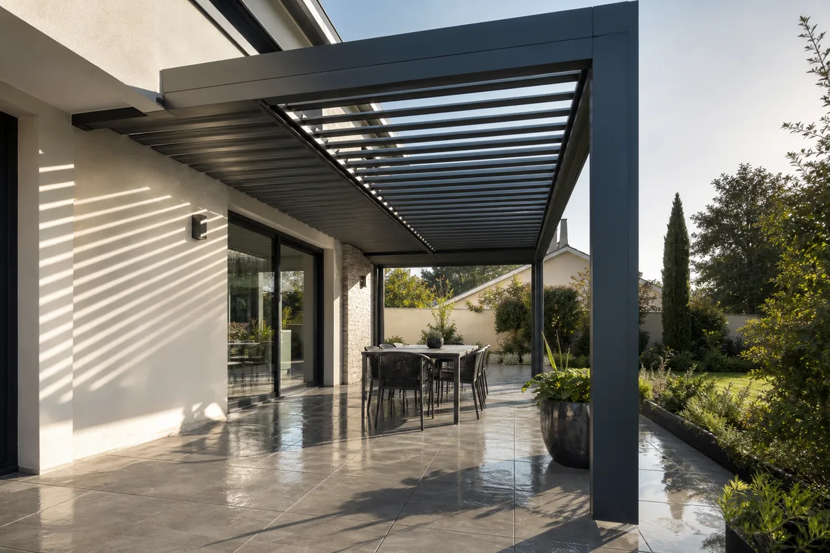 Terrasse carrelée en grès cérame gris sous une pergola à lames orientables, sol légèrement humide