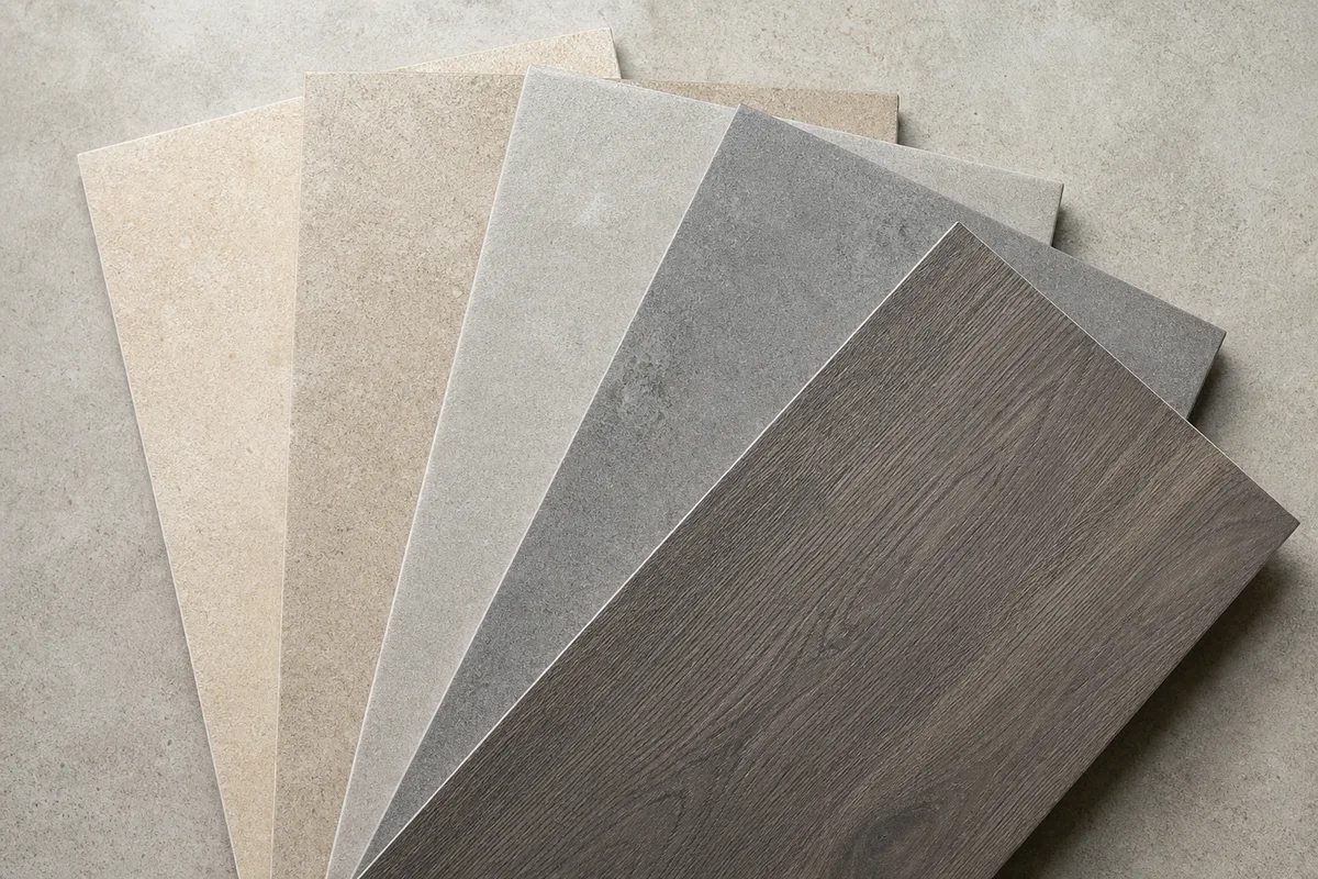 Échantillons de carrelage extérieur mat en tons pierre, gris et effet bois posés au sol