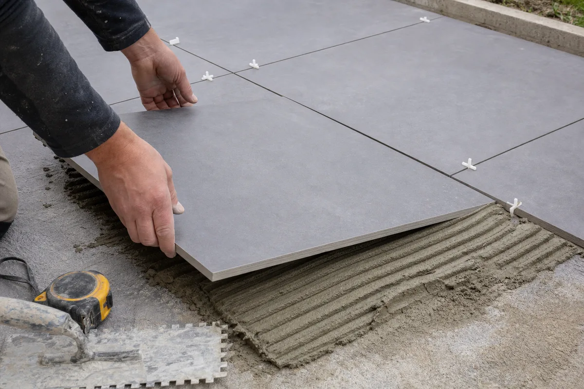 Pose d&rsquo;un carrelage extérieur grand format 60x60 sur une terrasse avec croisillons et mètre