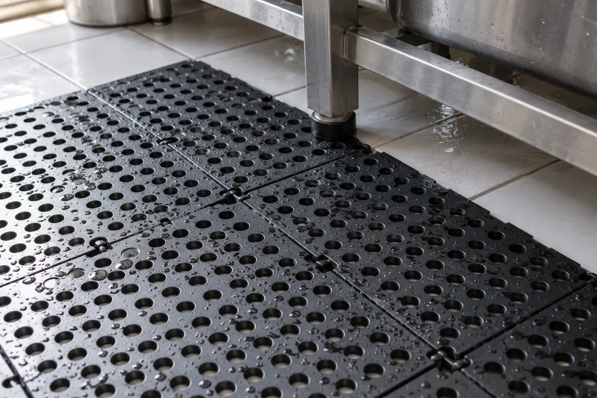 Dalles clipsables noires perforées posées sur le carrelage blanc d&rsquo;une zone de plonge professionnelle