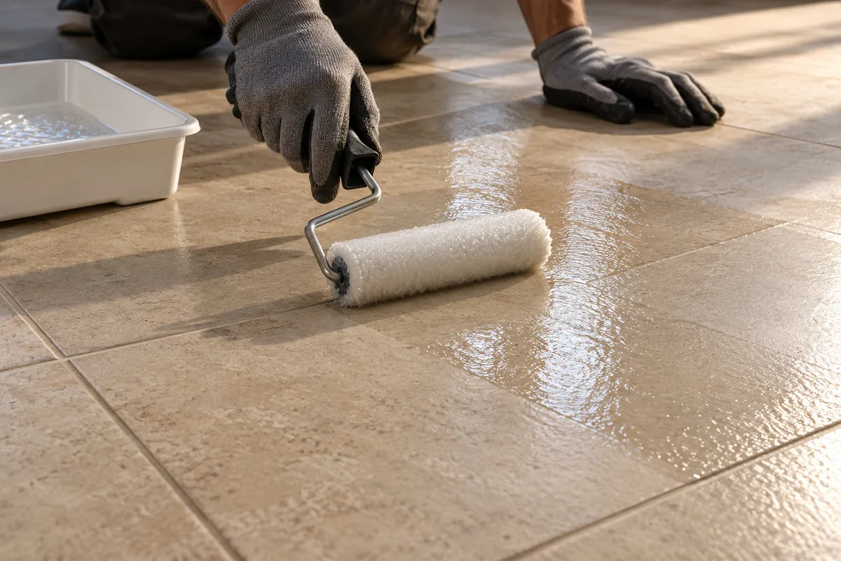 Mains gantées appliquant un primaire au rouleau sur un carrelage mat avant la pose d&rsquo;un revêtement