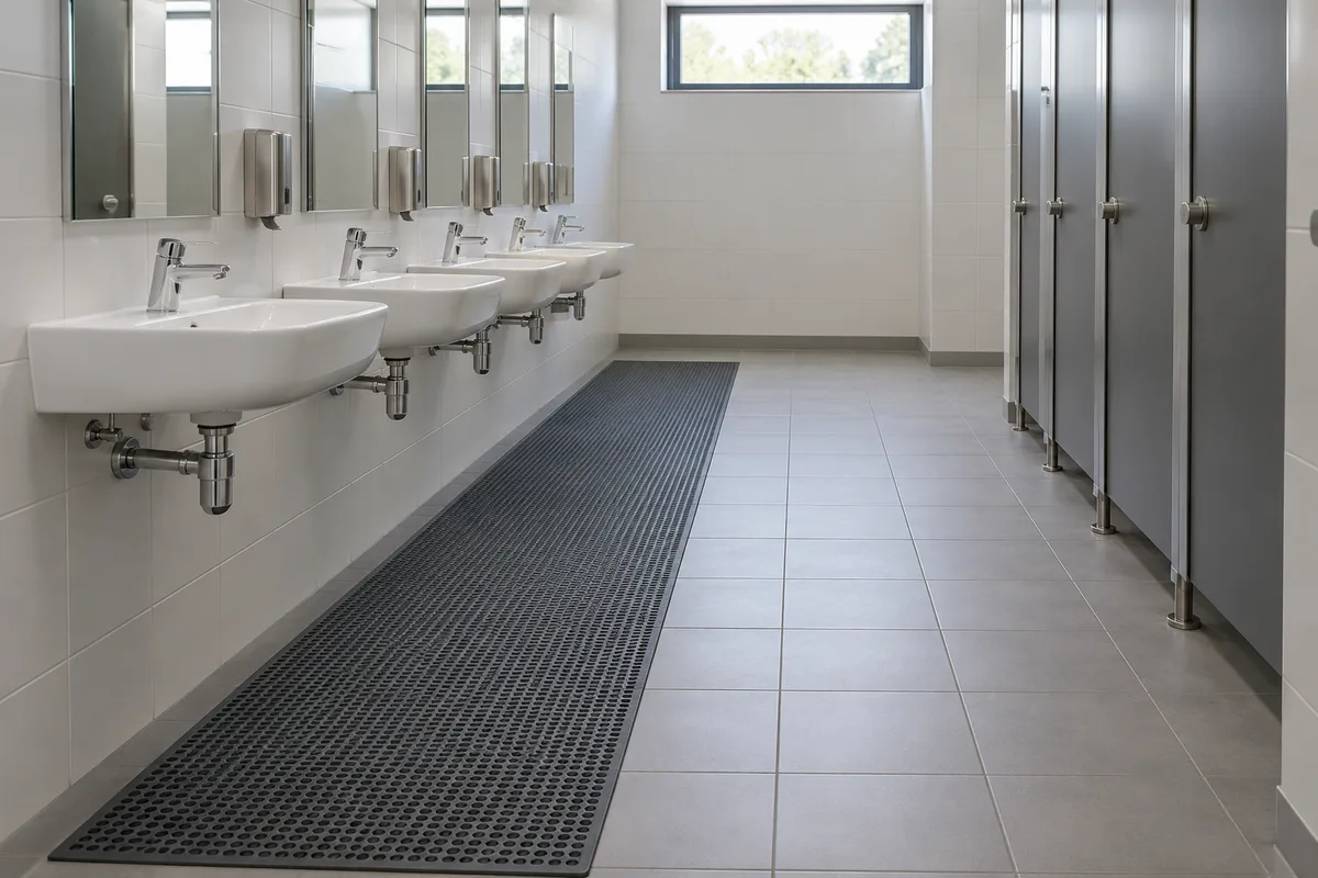 Couloir de sanitaires collectifs au carrelage gris clair avec un tapis drainant devant les lavabos