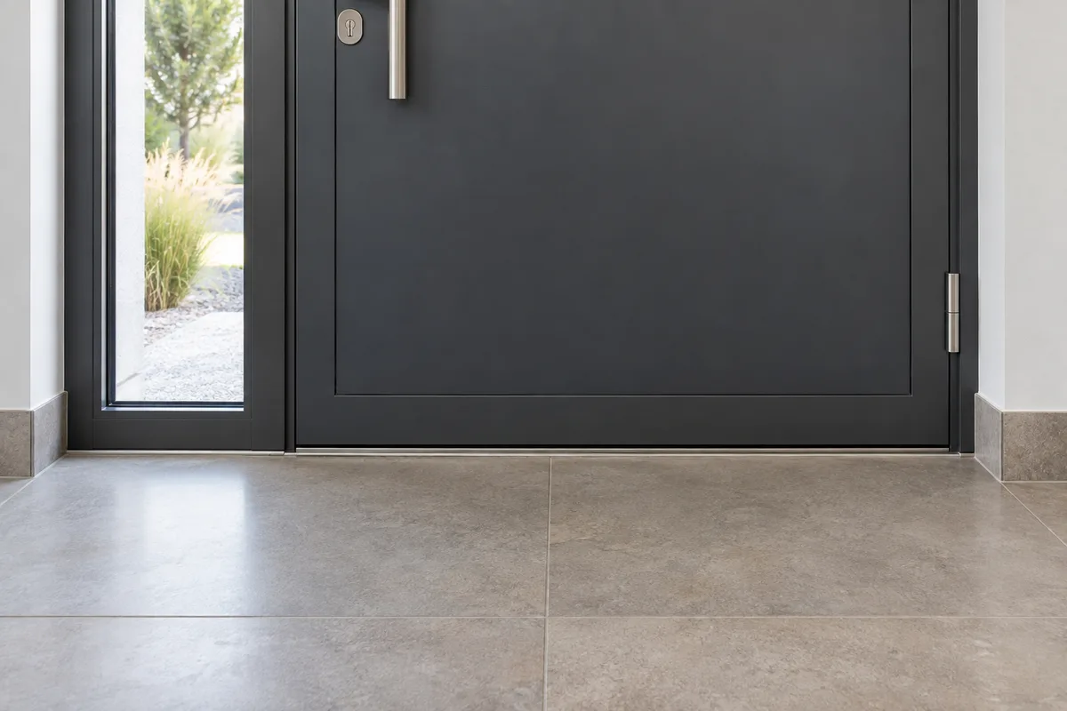 Porte d&rsquo;entrée en aluminium vue de l&rsquo;intérieur, seuil et carrelage arasés au même niveau