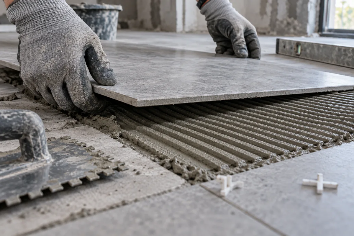 Mains d&rsquo;artisan posant un carreau grand format sur un lit de colle peigné