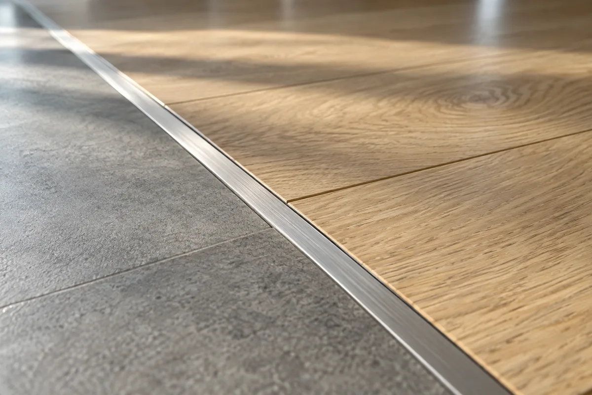 Détail d&rsquo;un profilé de seuil plat entre un carrelage et un parquet clair