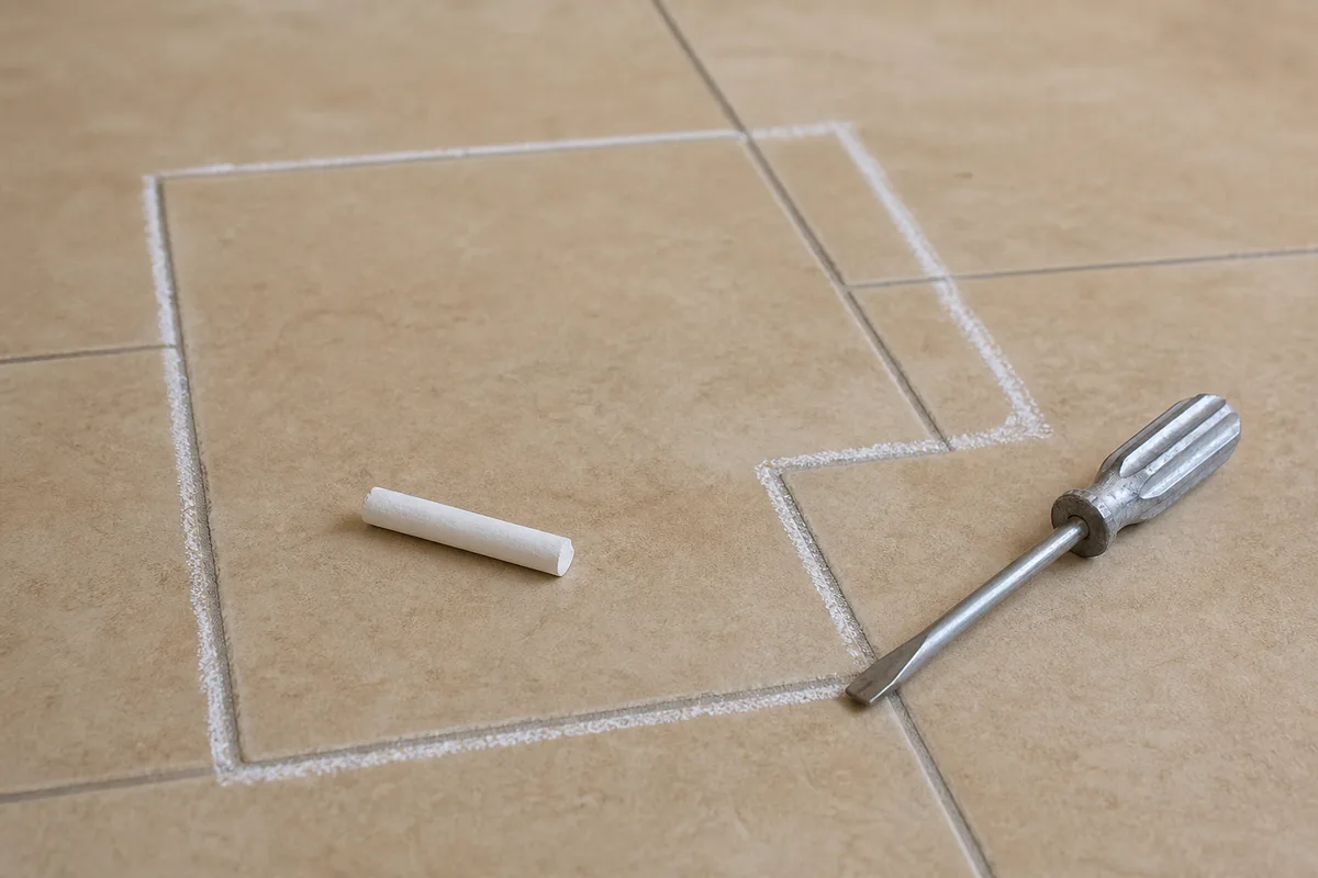 Craie traçant le contour d&rsquo;une zone de carrelage suspecte sur les joints