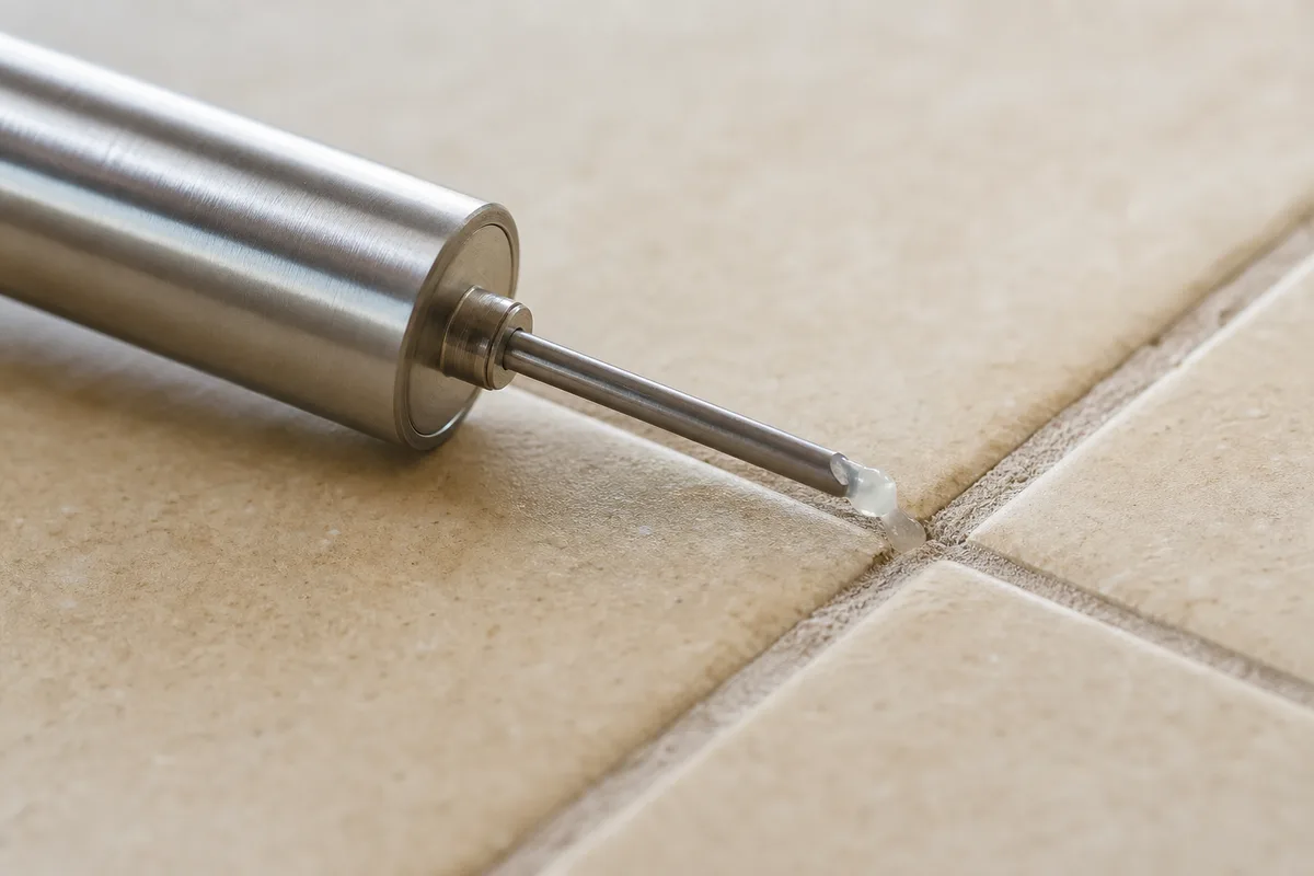 Seringue injectant une résine bicomposante dans un joint de carrelage