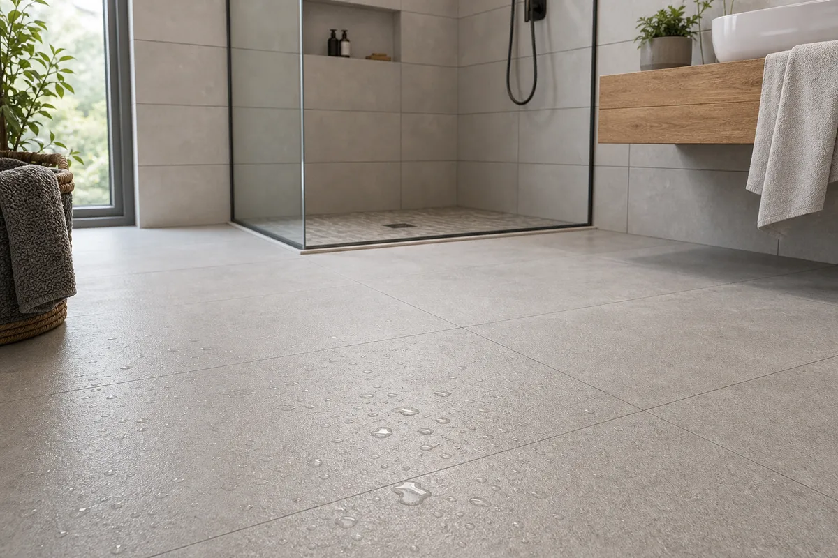 Salle de bain moderne avec sol en carrelage antidérapant et douche à l&rsquo;italienne carrelée