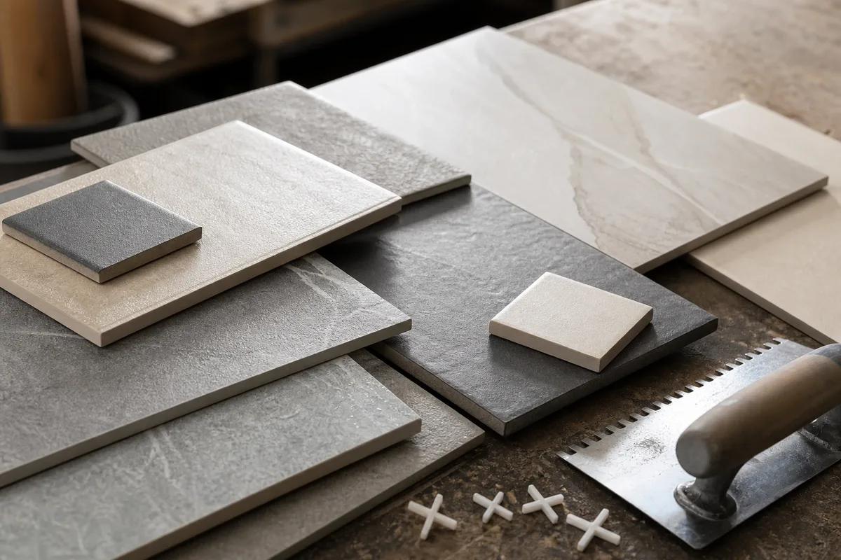 Échantillons de carreaux de différents formats et finitions posés sur un plan de travail d&rsquo;atelier