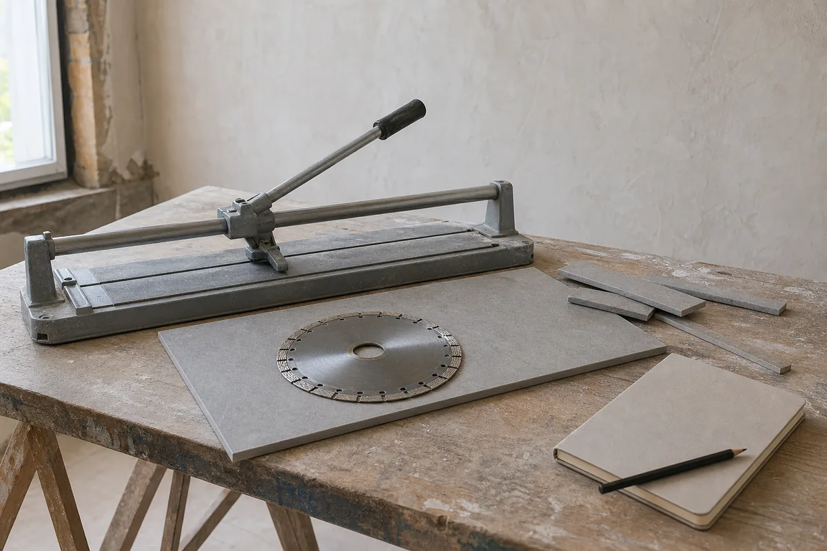 Carrelette manuelle à rail et disque diamant posés sur un carreau de grès cérame gris dans un atelier