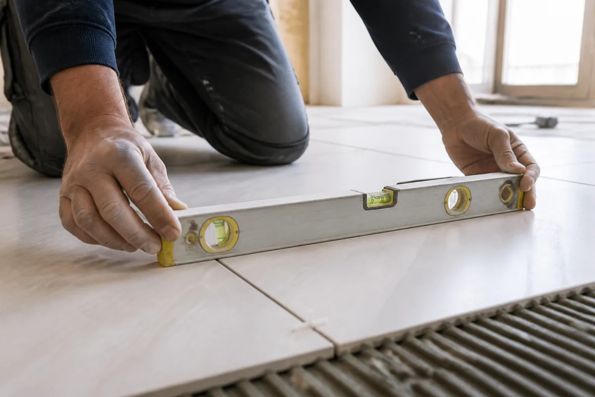 Carreleur vérifiant la planéité de carreaux fraîchement posés avec un niveau à bulle