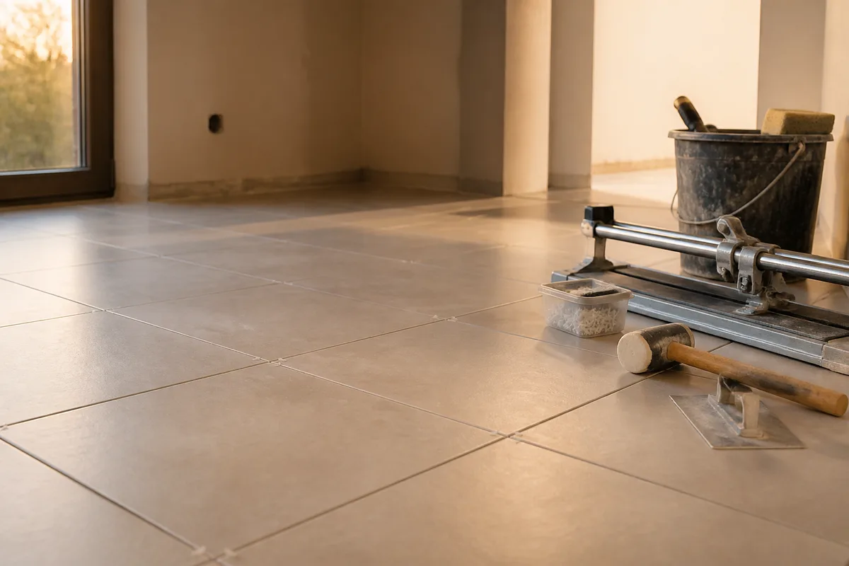 Chantier de carrelage propre en fin de journée avec carreaux posés et outils rangés