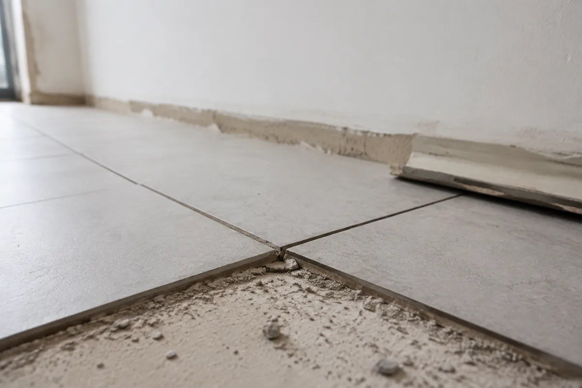 Detail d un carrelage souleve en chapiteau le long d un mur avec eclats en rive