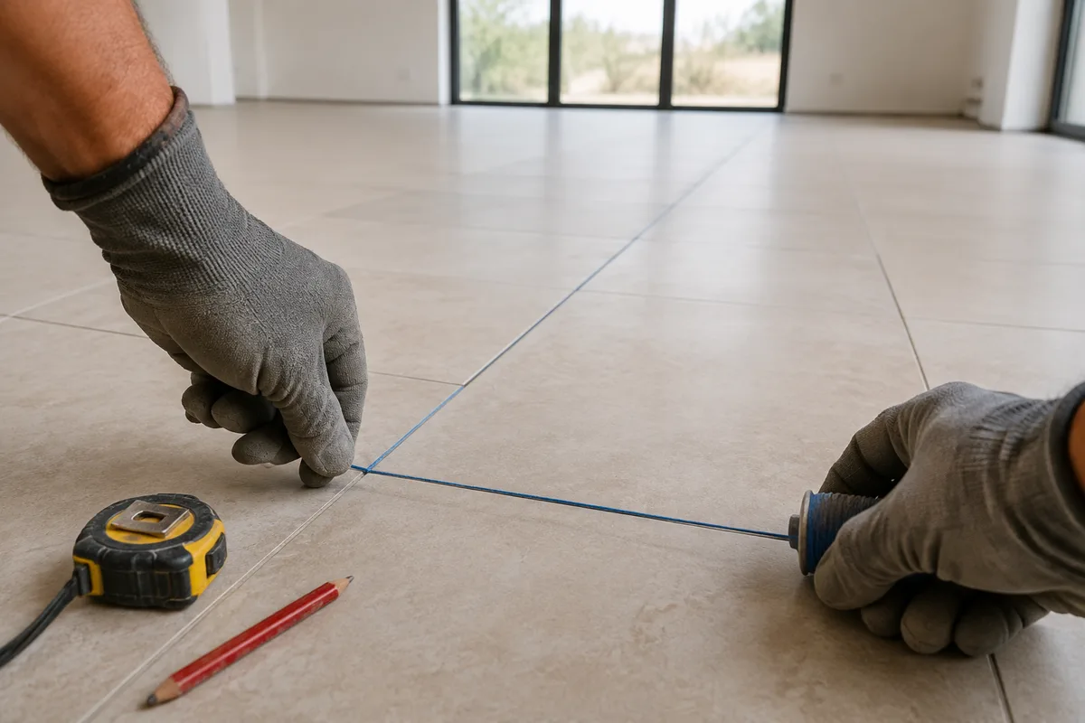 Trace au cordeau d une ligne de fractionnement sur une grande surface de carrelage clair