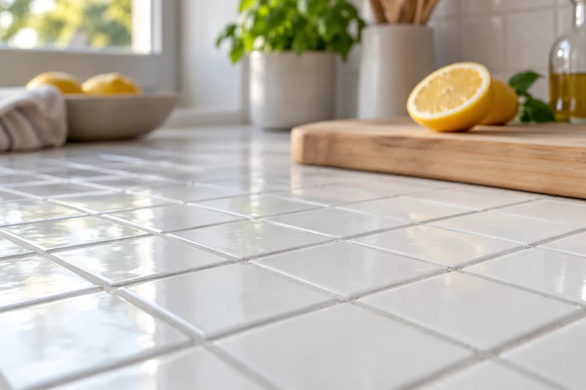 Plan de travail de cuisine carrelé de petits carreaux blancs aux joints gris réguliers
