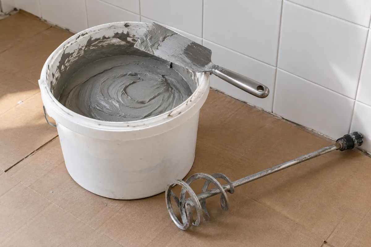 Seau de mélange et spatule en inox posés sur un carton de protection au pied d&rsquo;un mur carrelé