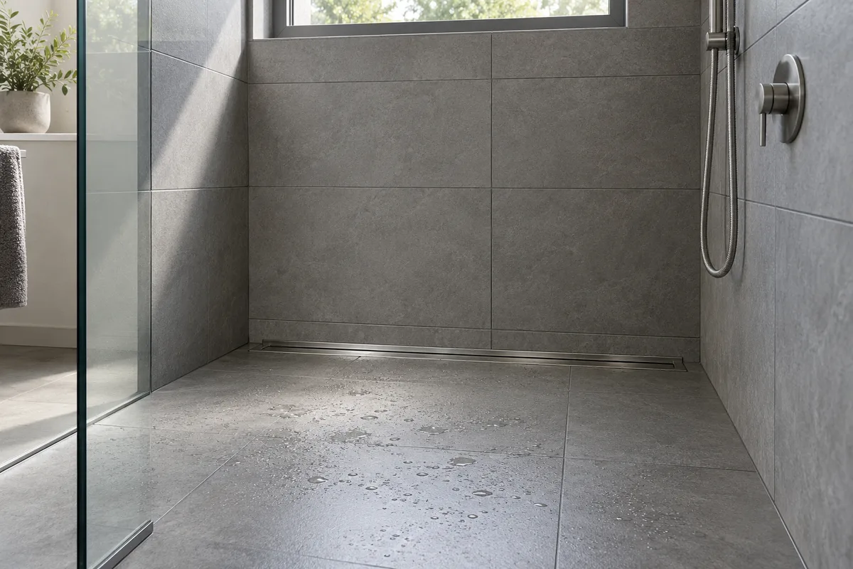 Douche à l&rsquo;italienne en grès gris aux joints sombres réguliers, sol encore humide