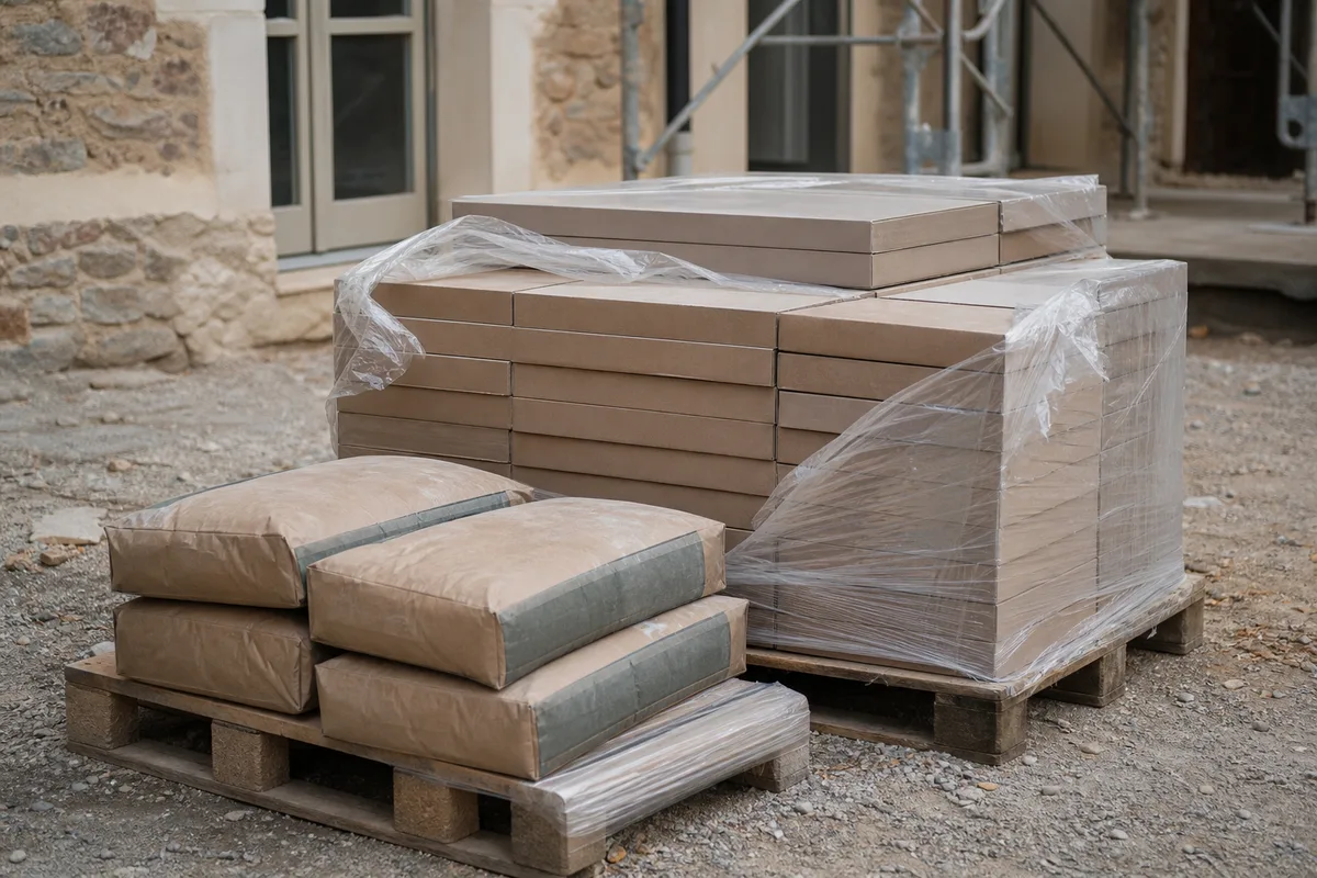 Cartons de carrelage et sacs de mortier empilés sur une palette à l&rsquo;entrée d&rsquo;un chantier
