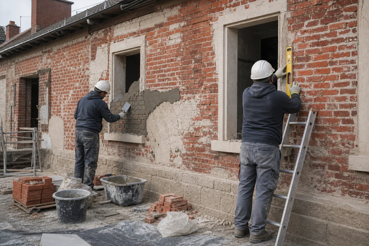 Chantier de rénovation avec artisans du bâtiment au travail sur une façade en brique