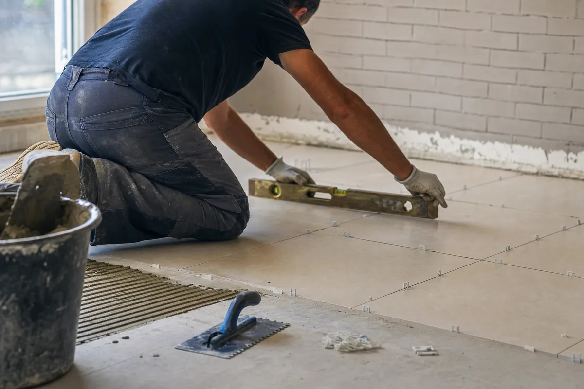 Carreleur agenouillé vérifiant l&rsquo;alignement de carreaux au sol dans une pièce en rénovation