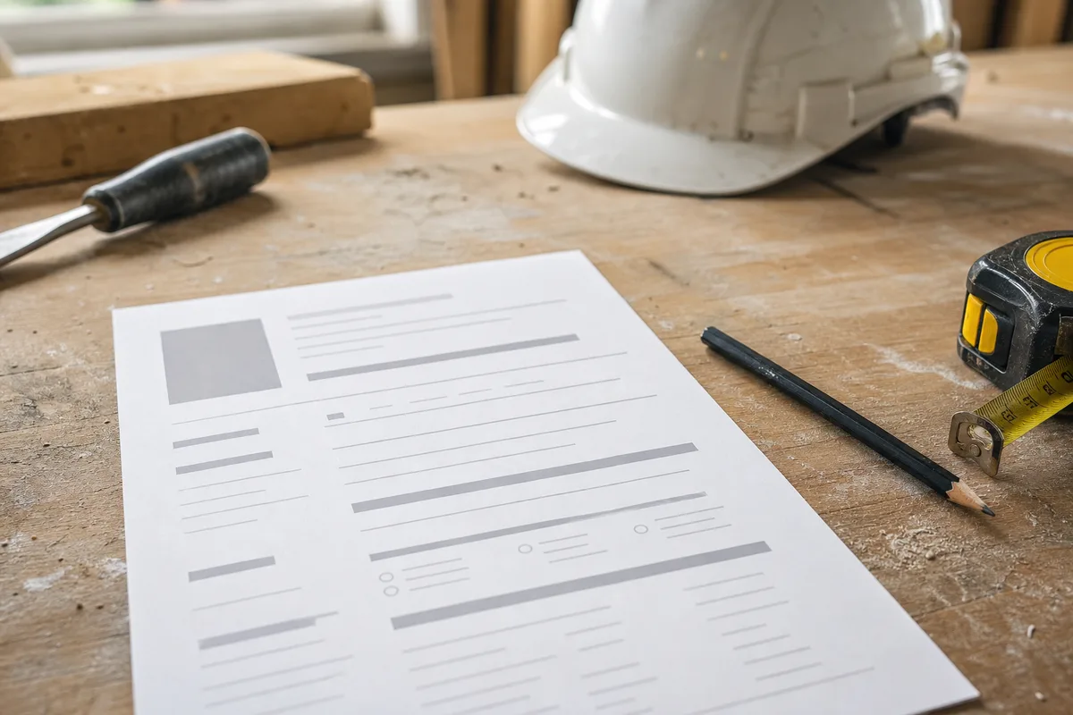 Formulaire de candidature et outils d&rsquo;artisan posés sur un plan de travail de chantier