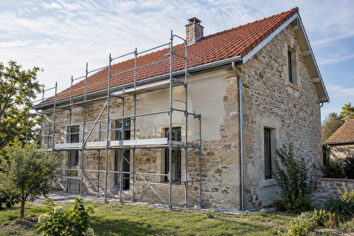 Maison en rénovation vue de l’extérieur avec échafaudage et toiture refaite
