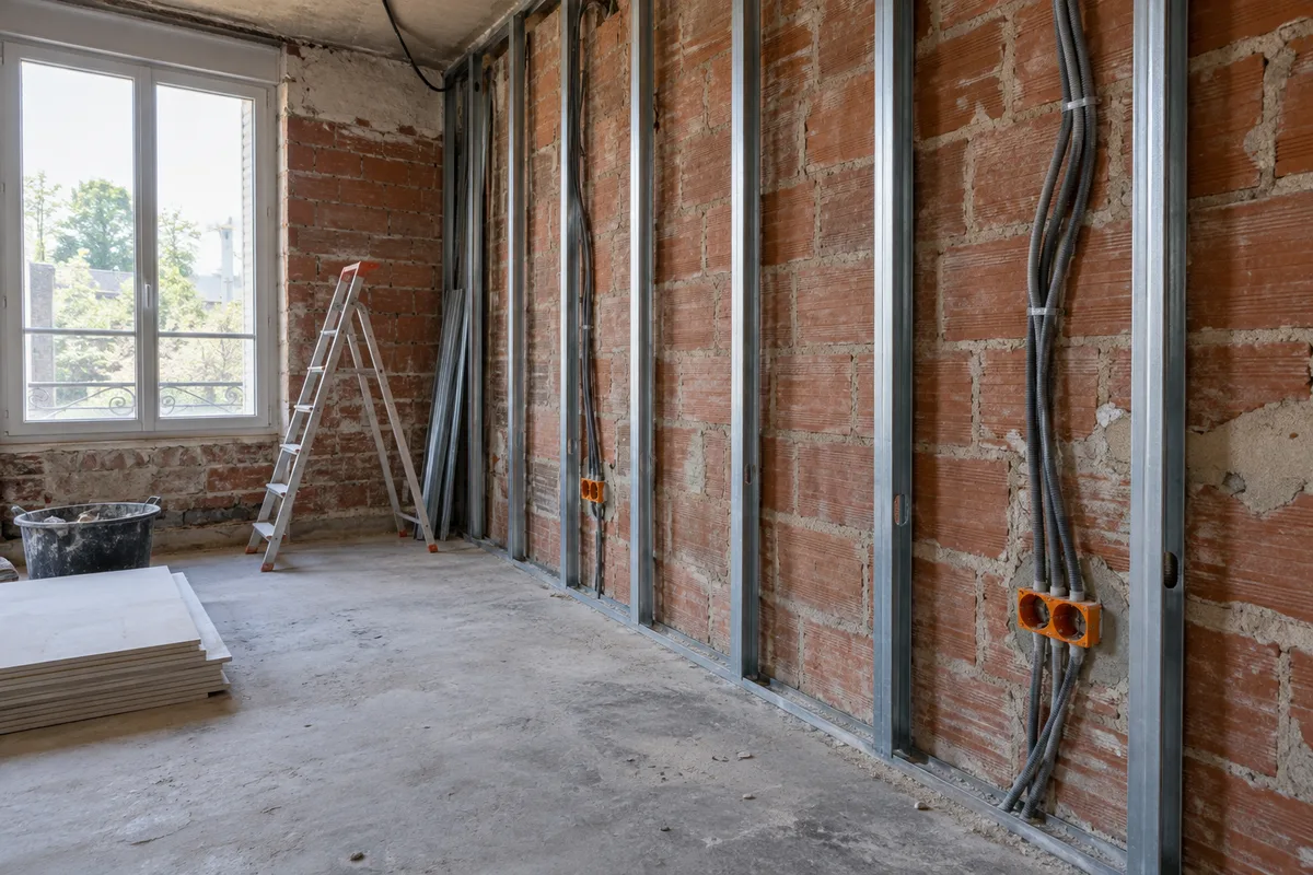 Pièce en travaux aux murs bruts avec gaines électriques apparentes