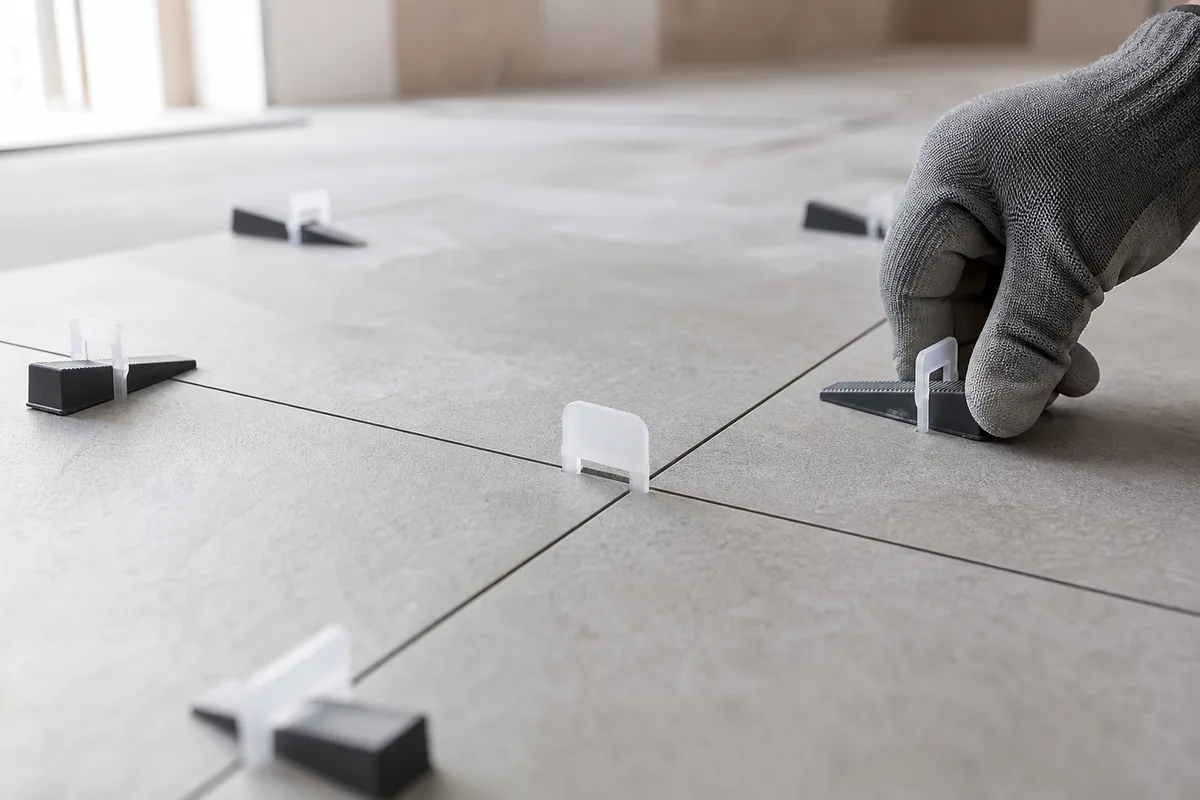 Croisillons autonivelants serrés entre quatre grands carreaux gris fraîchement posés