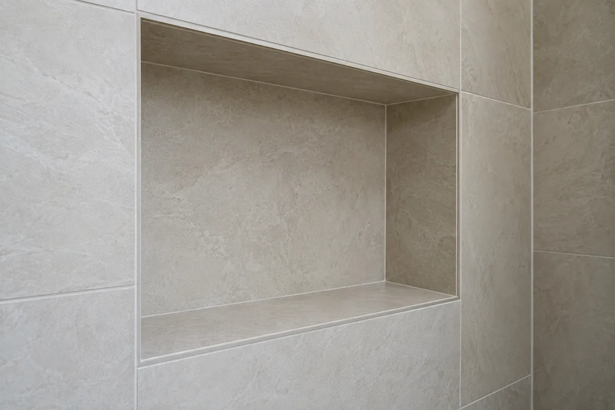 Niche de douche carrelée aux angles nets, tablette basse et joints réguliers