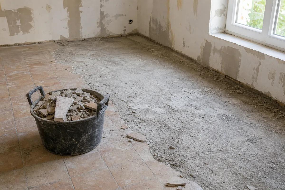 Chantier de rénovation avec ancien carrelage déposé et sol prêt pour le ragréage