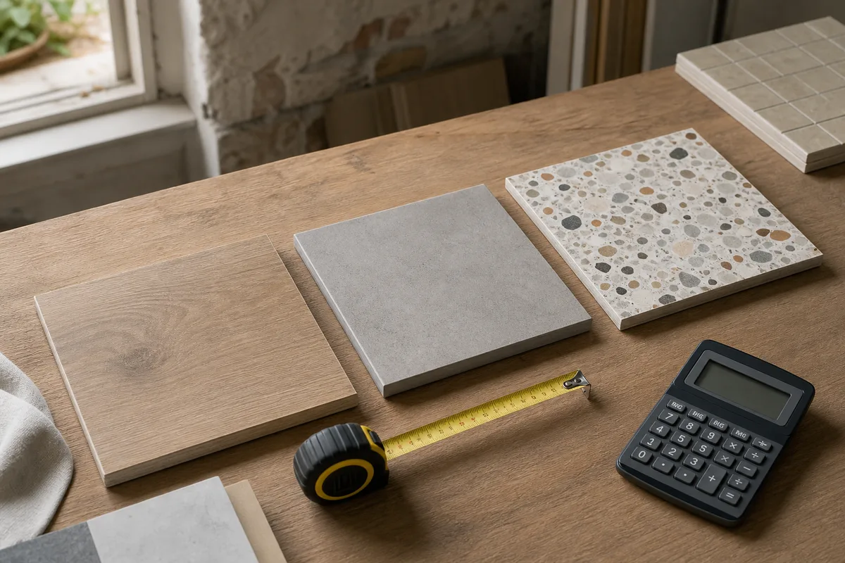 Échantillons de carreaux alignés avec mètre ruban et calculatrice sur un plan de travail
