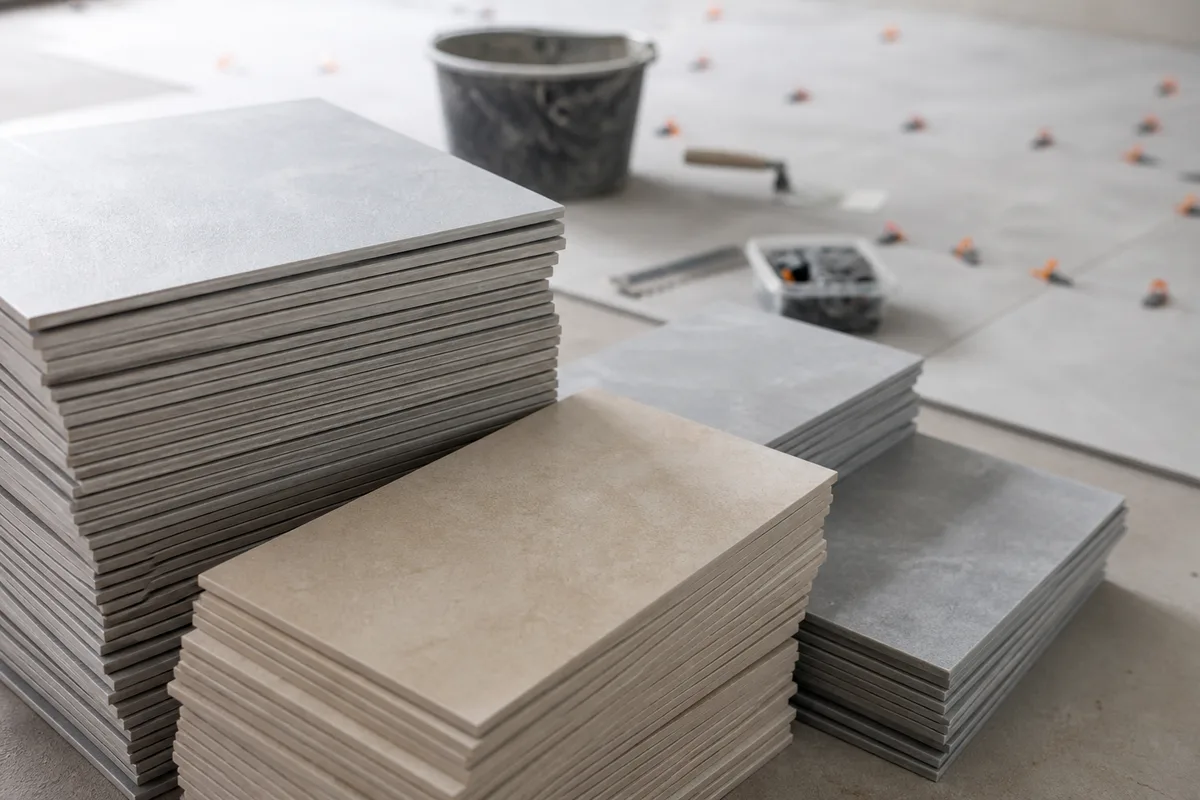 Carreaux de grès cérame empilés sur un chantier propre avant la pose