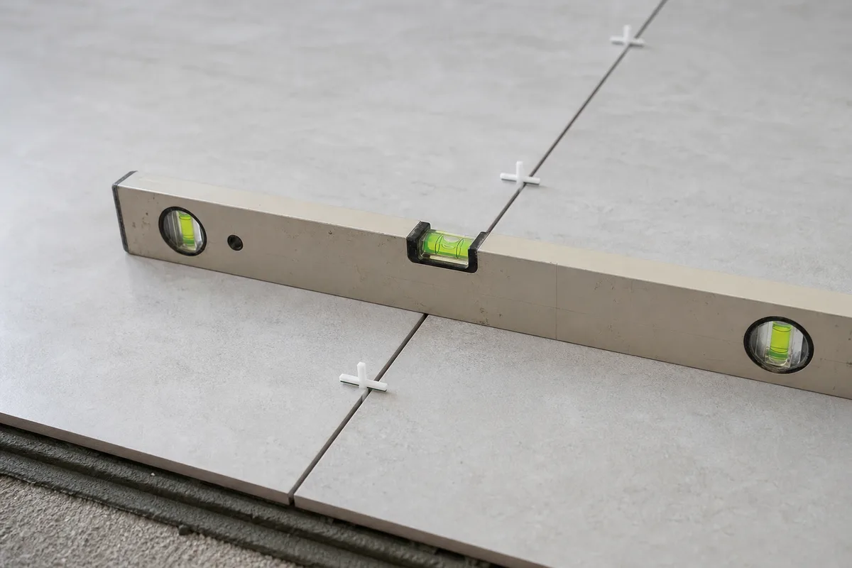 Niveau à bulle posé sur un carrelage fraîchement collé au sol