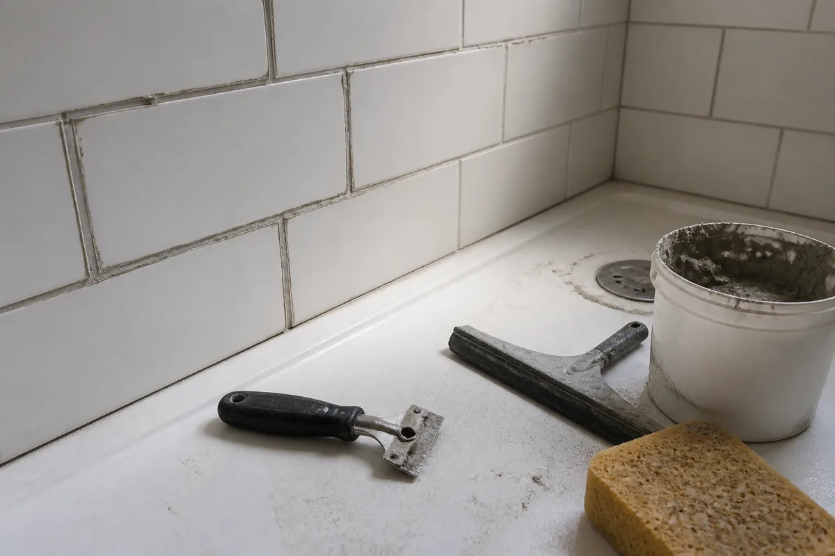 Joints de carrelage en cours de reprise dans une douche carrelée claire