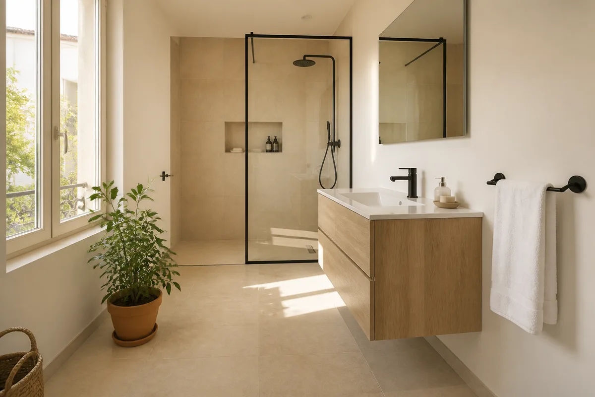 Salle d&rsquo;eau lumineuse avec douche de plain-pied carrelée rénovée