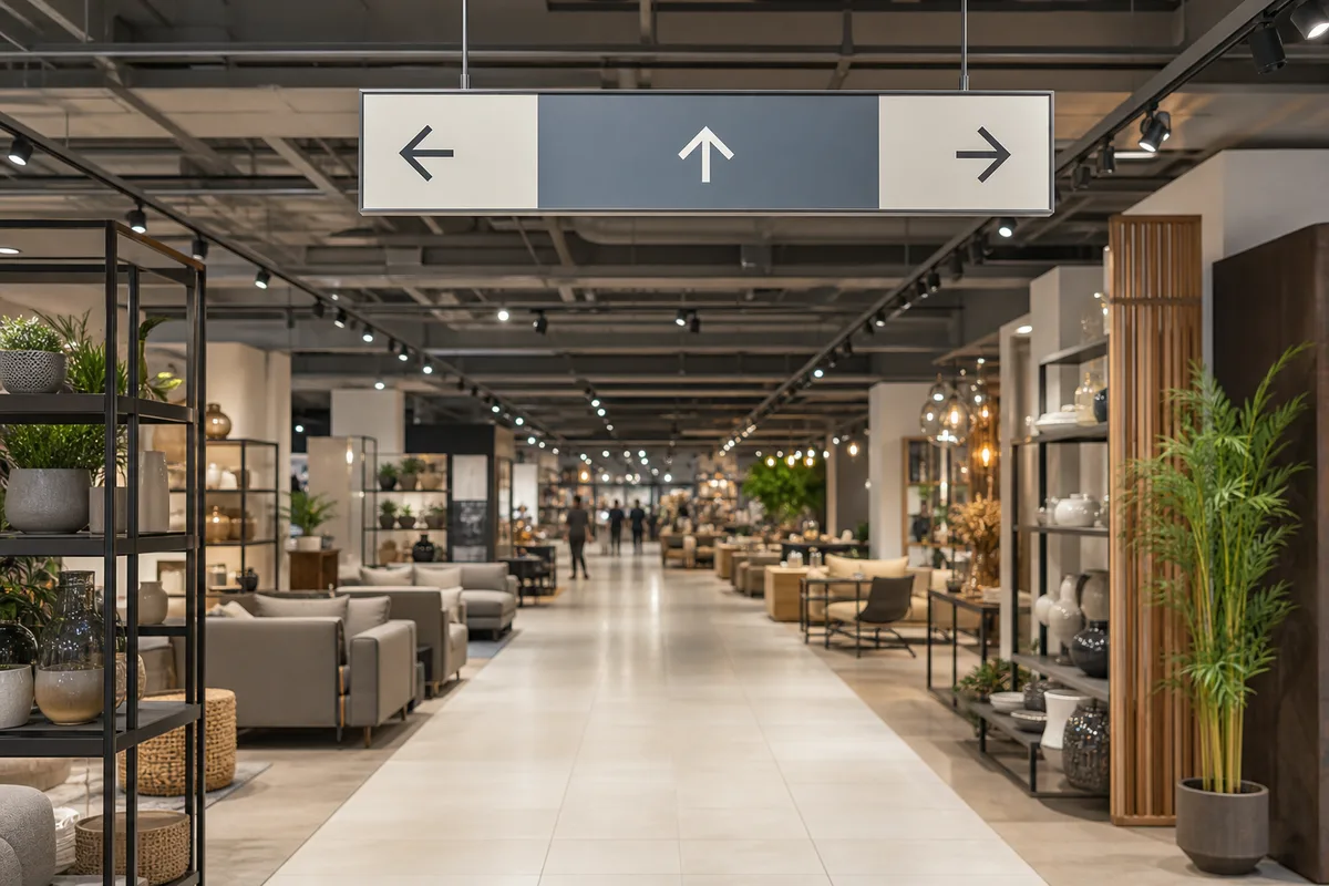 Panneau directionnel suspendu au-dessus d&rsquo;une allée dans un espace commercial moderne