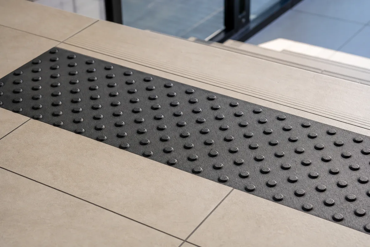 Détail d&rsquo;une bande podotactile contrastée posée au sol en haut d&rsquo;un escalier dans un espace public